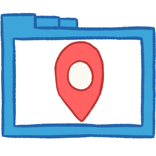A hollow blue folder with thick lineart containing a pink place marker with a white dot on it.